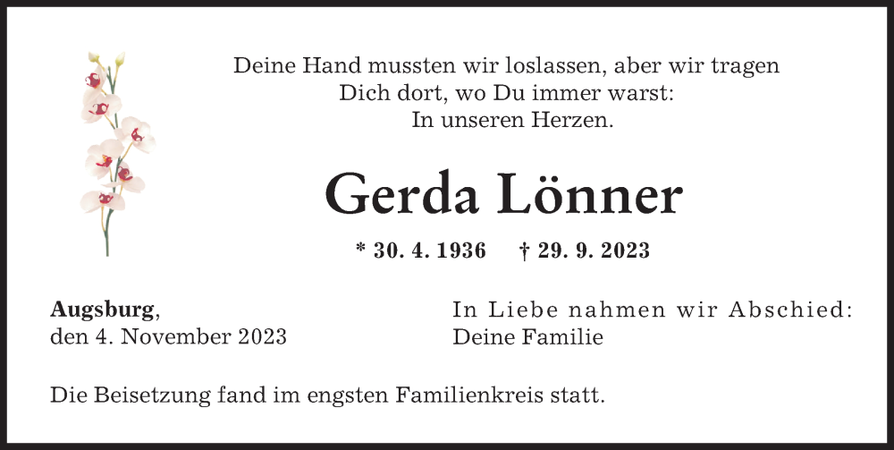 Traueranzeige von Gerda Lönner von Augsburger Allgemeine