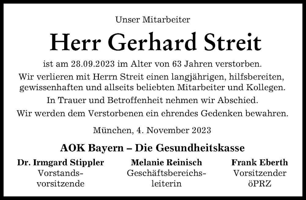  Traueranzeige für Gerhard Streit vom 04.11.2023 aus Augsburger Allgemeine
