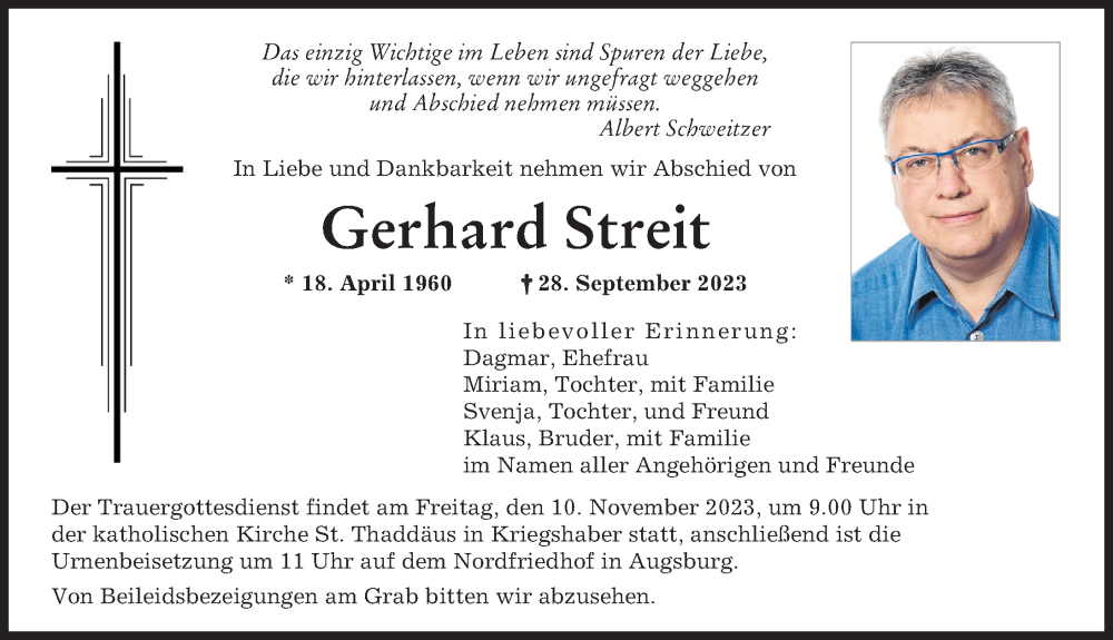  Traueranzeige für Gerhard Streit vom 04.11.2023 aus Augsburger Allgemeine