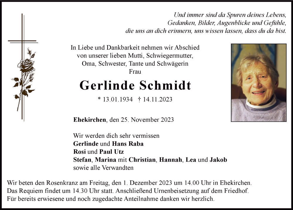  Traueranzeige für Gerlinde Schmidt vom 25.11.2023 aus Neuburger Rundschau