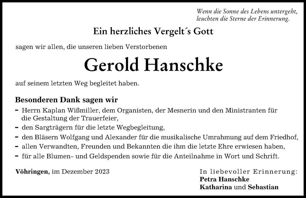  Traueranzeige für Gerold Hanschke vom 01.12.2023 aus Illertisser Zeitung