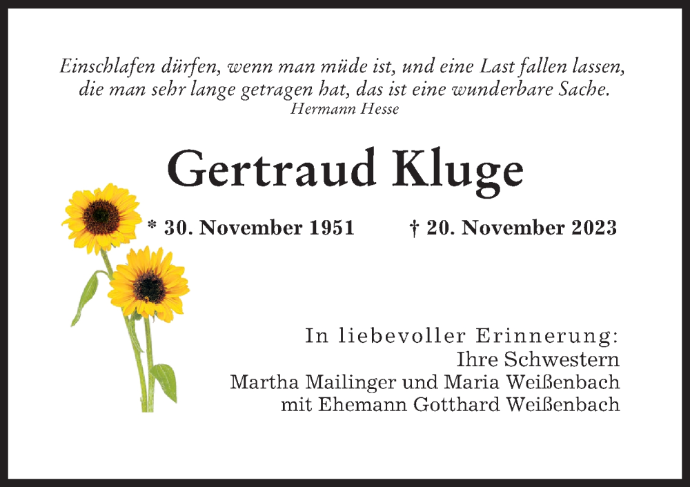 Traueranzeige von Gertraud Kluge von Augsburger Allgemeine