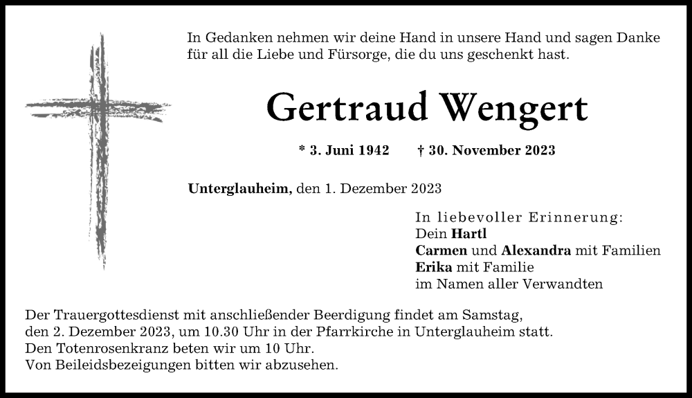 Traueranzeige für Gertraud Wengert vom 01.12.2023 aus Donau Zeitung