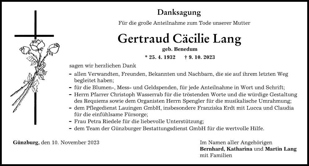 Traueranzeige von Gertraud Cäcilie Lang von Günzburger Zeitung