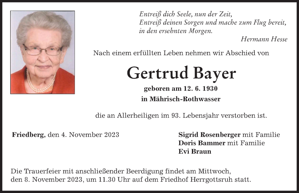 Traueranzeige von Gertrud Bayer von Friedberger Allgemeine