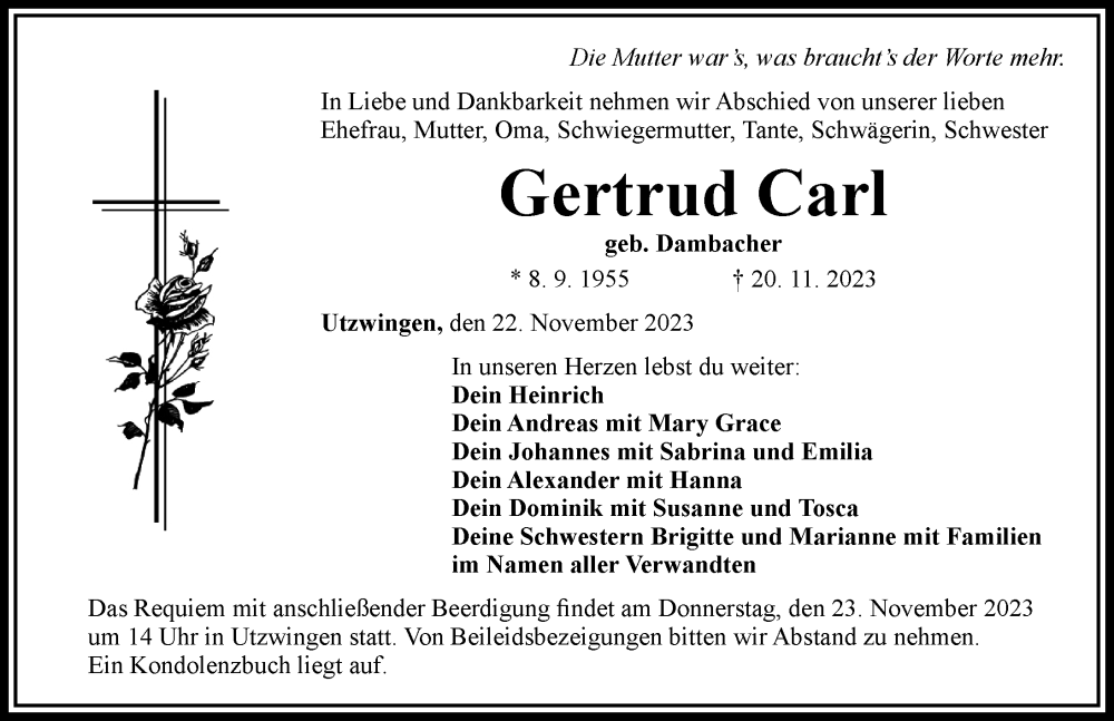 Traueranzeige für Gertrud Carl vom 22.11.2023 aus Rieser Nachrichten