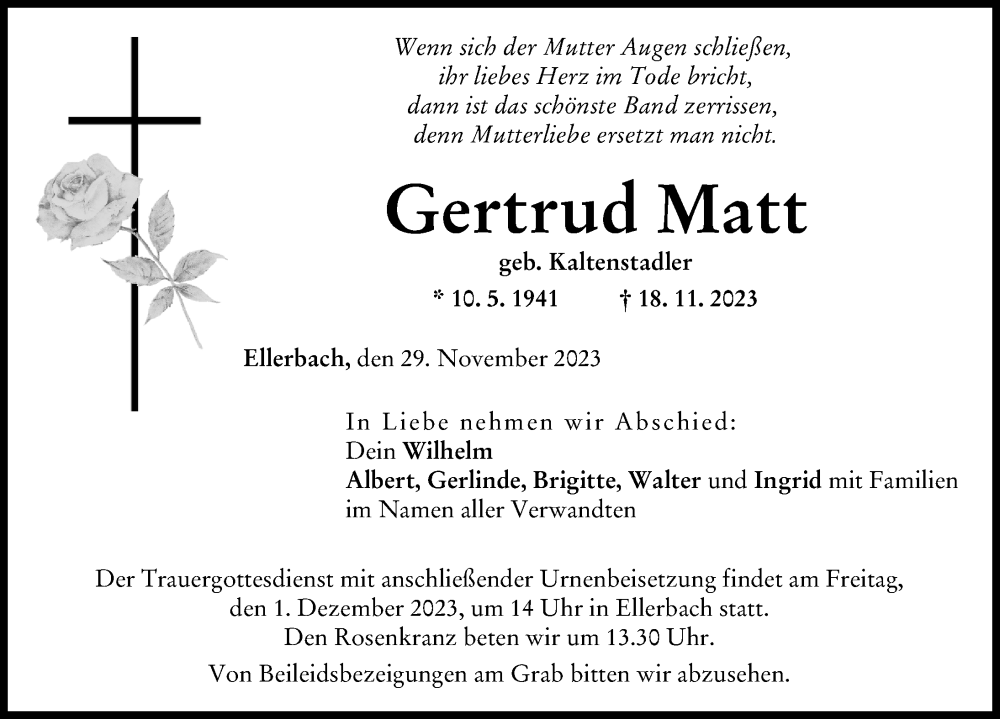  Traueranzeige für Gertrud Matt vom 29.11.2023 aus Donau Zeitung