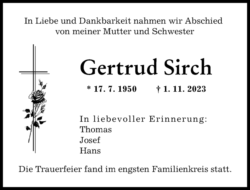  Traueranzeige für Gertrud Sirch vom 17.11.2023 aus Augsburger Allgemeine