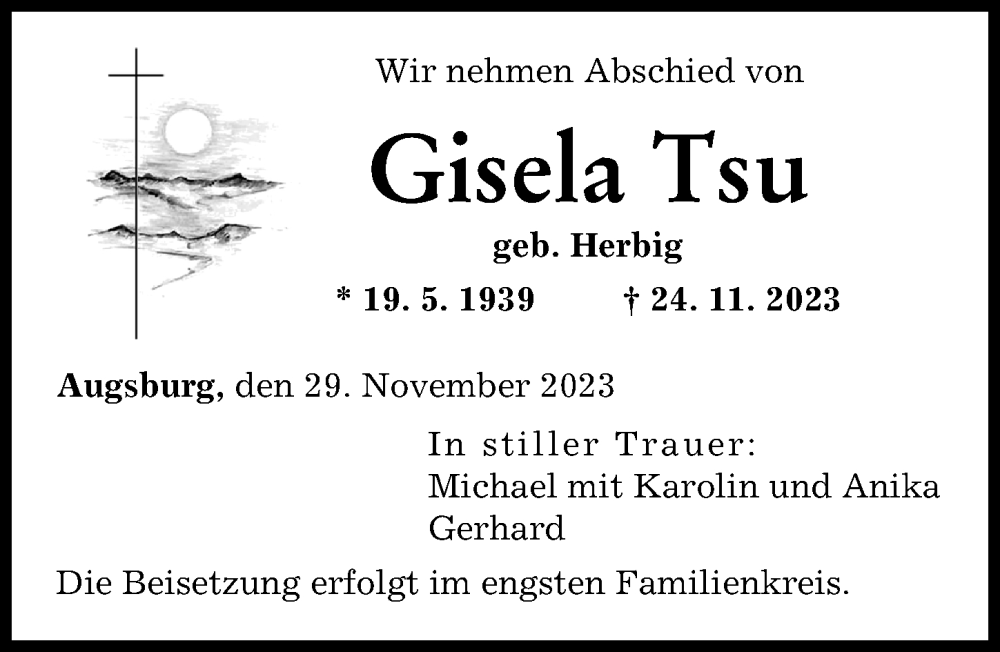  Traueranzeige für Gisela Tsu vom 29.11.2023 aus Augsburger Allgemeine