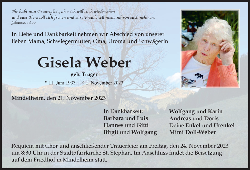 Traueranzeigen Von Gisela Weber Augsburger Allgemeine Zeitung