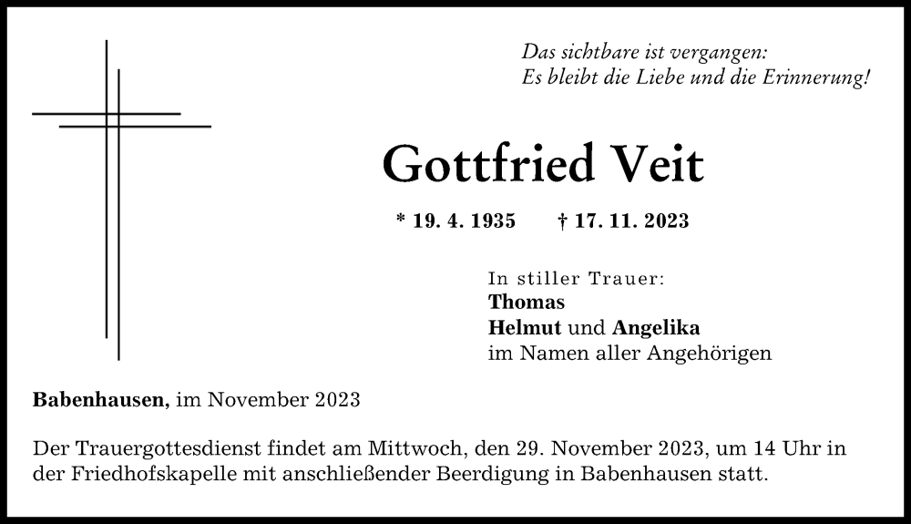  Traueranzeige für Gottfried Veit vom 27.11.2023 aus Illertisser Zeitung