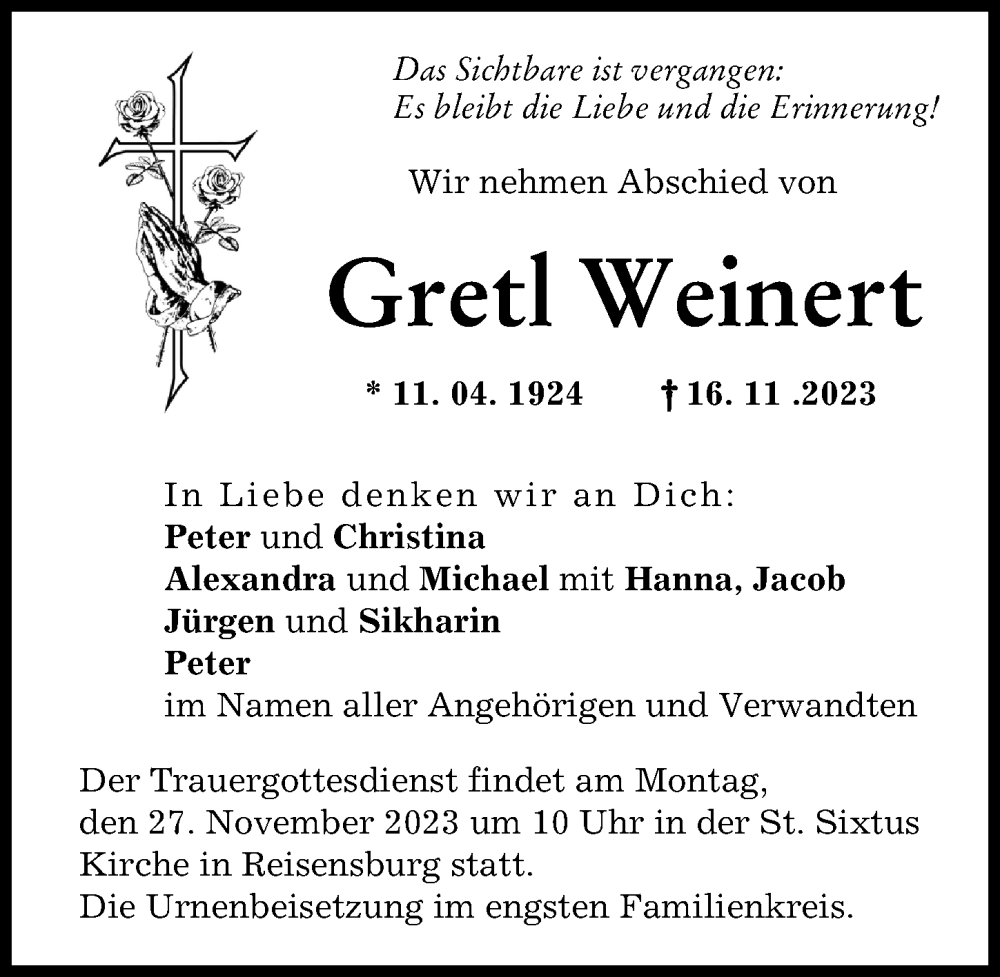 Traueranzeige von Gretl Weinert von Günzburger Zeitung
