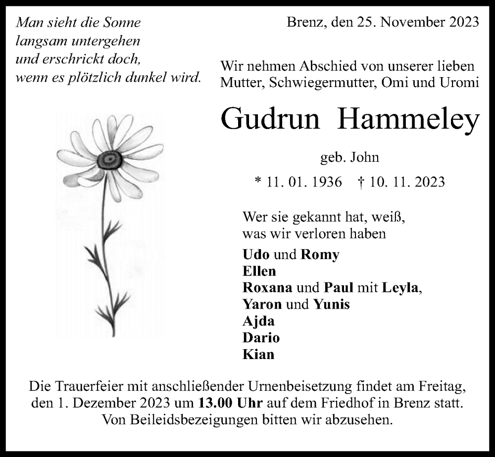  Traueranzeige für Gudrun Hammeley vom 25.11.2023 aus Donau Zeitung