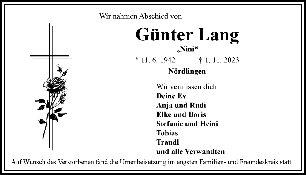  Traueranzeige für Günter Lang vom 18.11.2023 aus Rieser Nachrichten