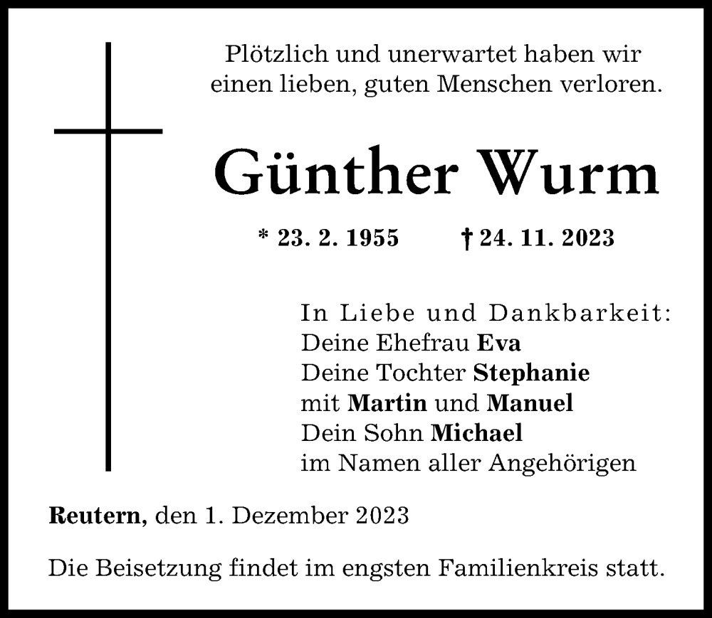  Traueranzeige für Günther Wurm vom 01.12.2023 aus Augsburg-Land