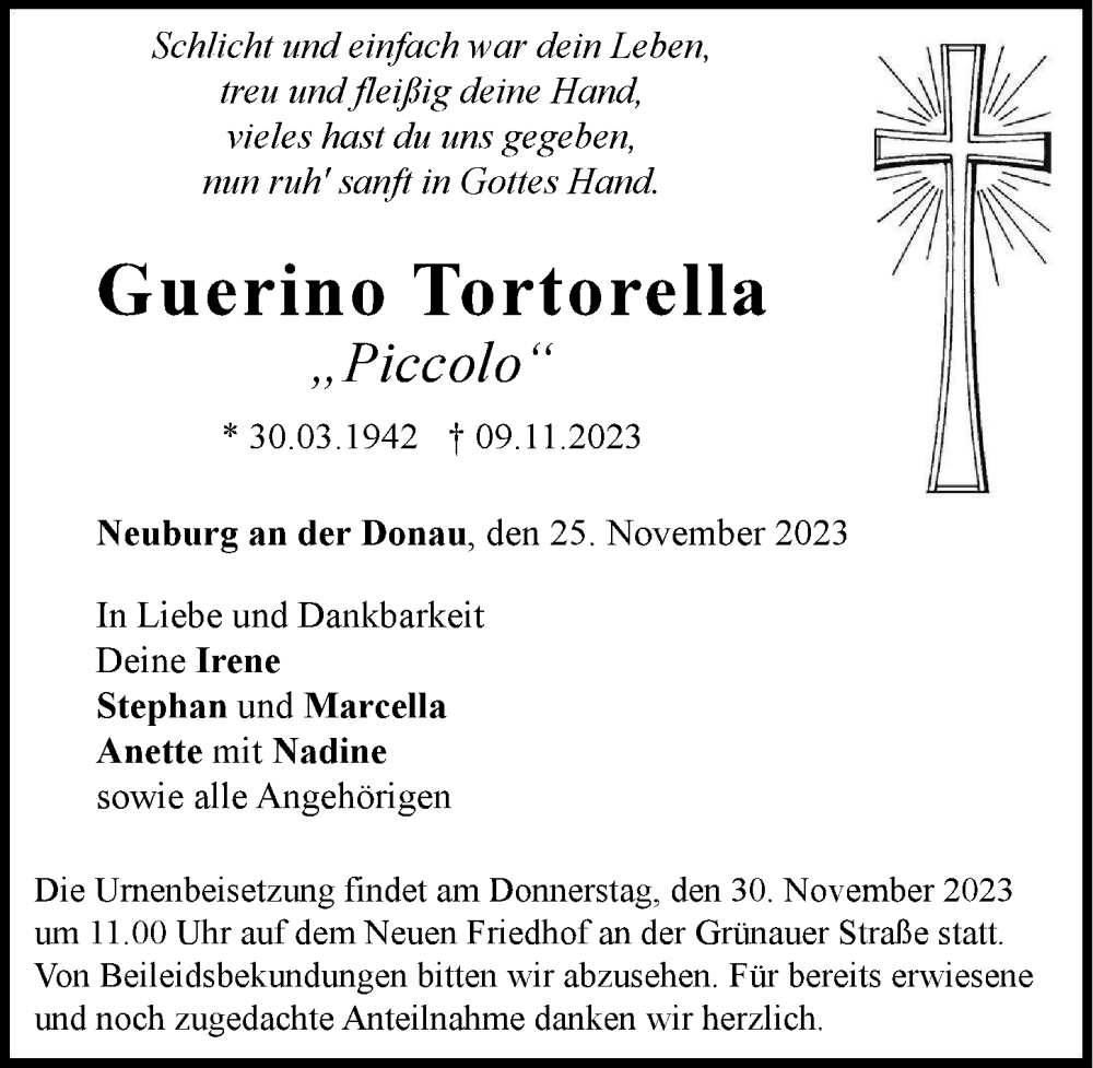  Traueranzeige für Guerino Tortorella vom 25.11.2023 aus Neuburger Rundschau