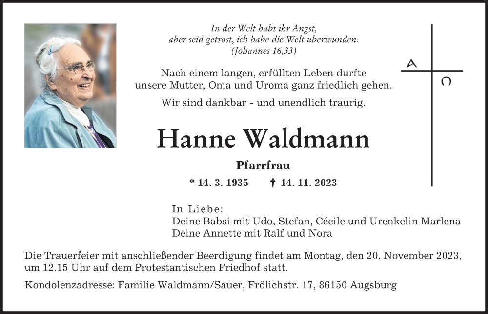 Traueranzeige von Hanne Waldmann von Augsburger Allgemeine