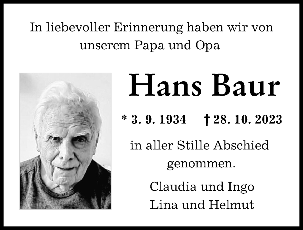  Traueranzeige für Hans Baur vom 25.11.2023 aus Augsburger Allgemeine