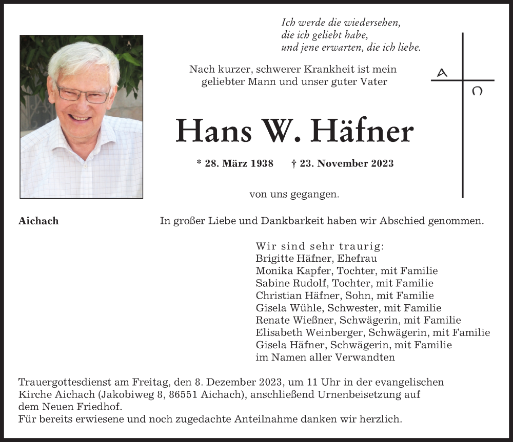  Traueranzeige für Hans  Häfner vom 29.11.2023 aus Aichacher Nachrichten, Augsburger Allgemeine