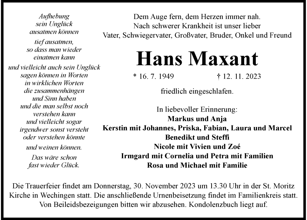  Traueranzeige für Hans Maxant vom 27.11.2023 aus Rieser Nachrichten