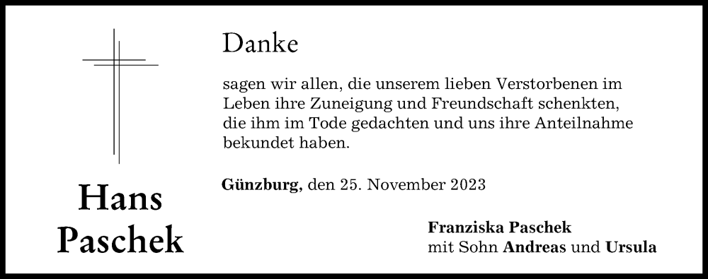 Traueranzeige von Hans Paschek von Günzburger Zeitung