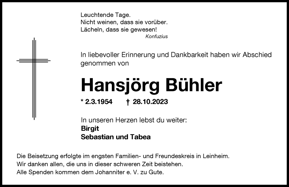 Traueranzeige von Hansjörg Bühler von Günzburger Zeitung