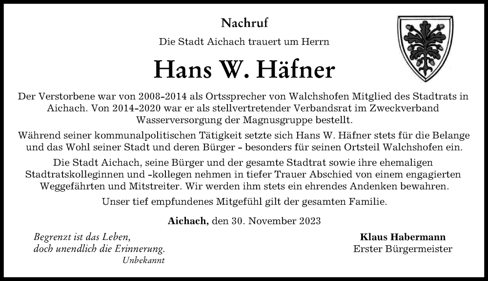 Traueranzeige von Hans W. Häfner von Aichacher Nachrichten