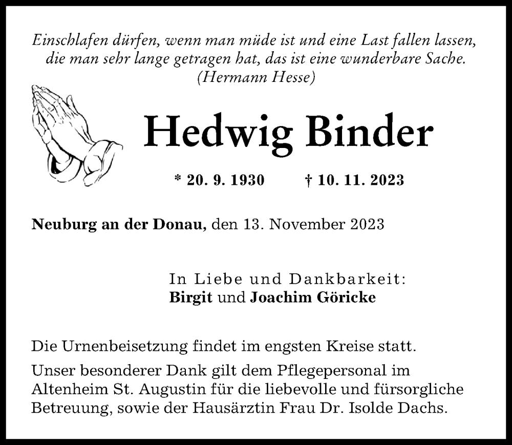 Traueranzeige von Hedwig Binder von Neuburger Rundschau