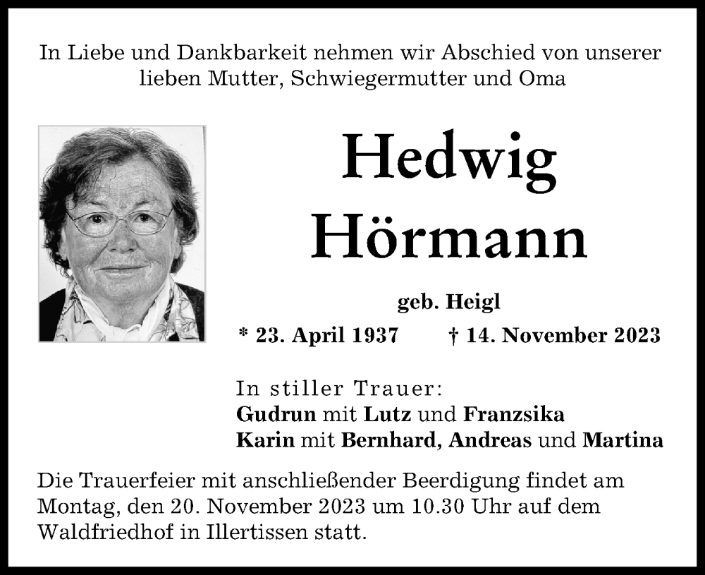 Traueranzeige von Hedwig Hörmann von Illertisser Zeitung