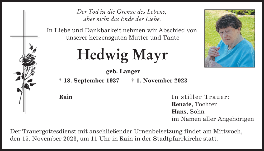 Traueranzeige von Hedwig Mayr von Donauwörther Zeitung