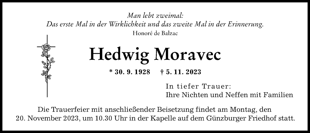 Traueranzeige von Hedwig Moravec von Günzburger Zeitung
