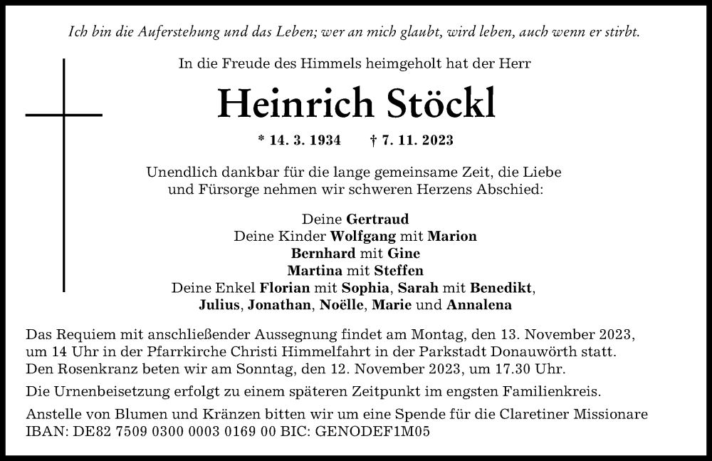 Traueranzeige von Heinrich Stöckl von Donauwörther Zeitung