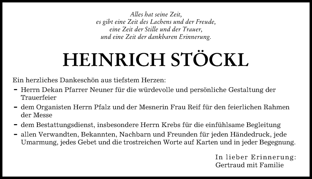 Traueranzeige von Heinrich Stöckl von Donauwörther Zeitung