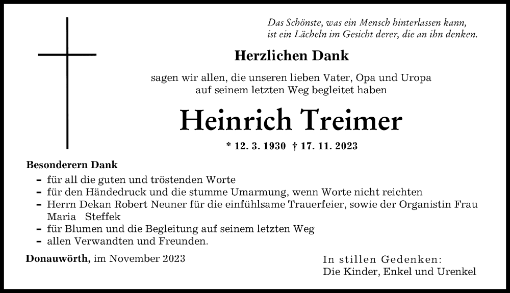  Traueranzeige für Heinrich Treimer vom 30.11.2023 aus Donauwörther Zeitung