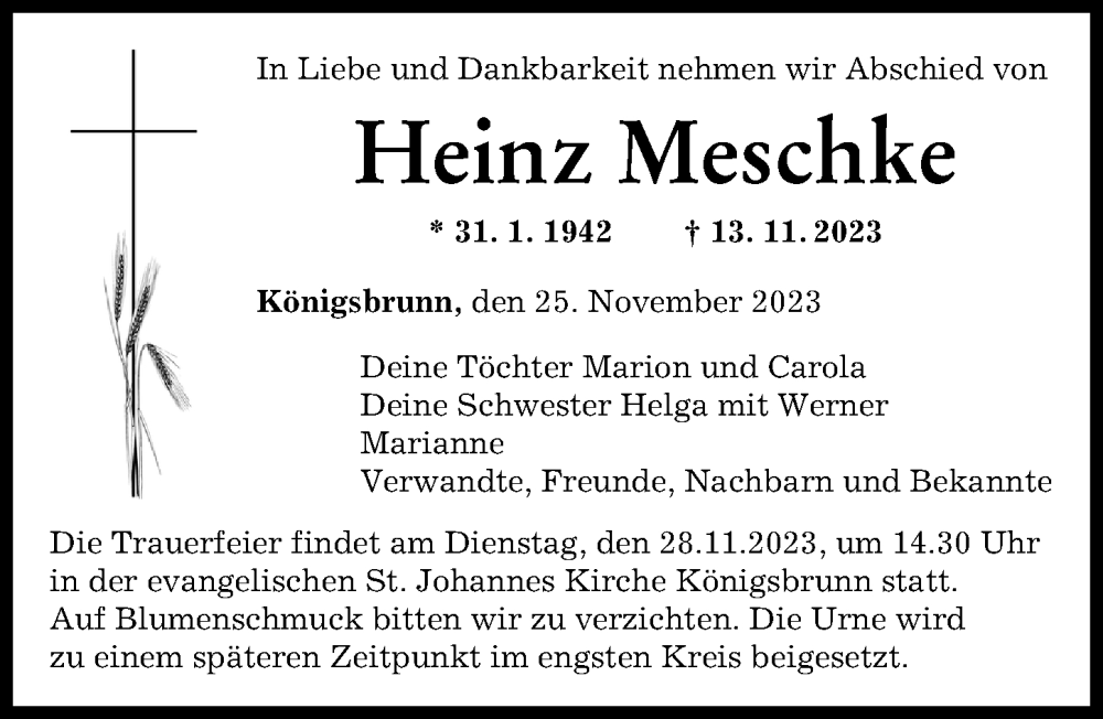 Traueranzeige von Heinz Meschke von Augsburger Allgemeine