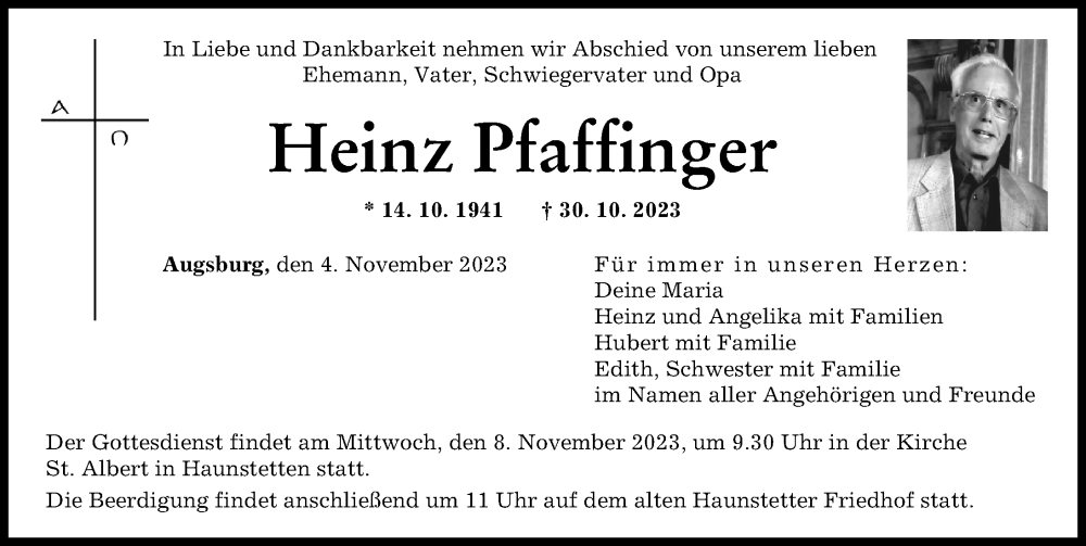 Traueranzeige von Heinz Pfaffinger von Augsburger Allgemeine