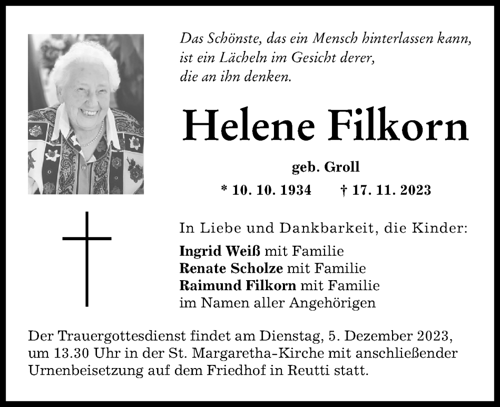  Traueranzeige für Helene Filkorn vom 01.12.2023 aus Neu-Ulmer Zeitung