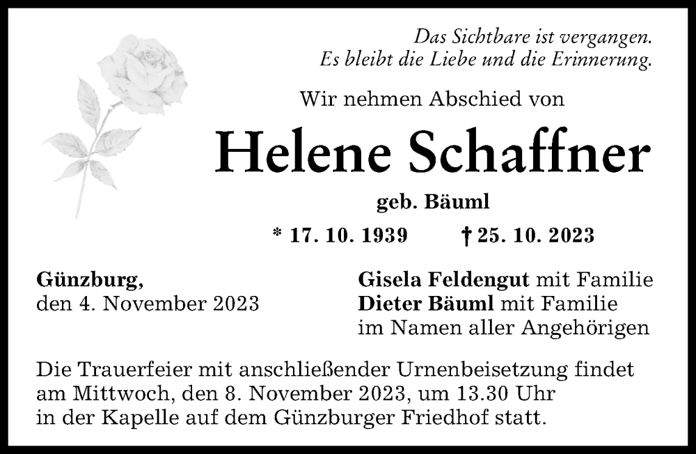 Traueranzeige von Helene Schaffner von Günzburger Zeitung