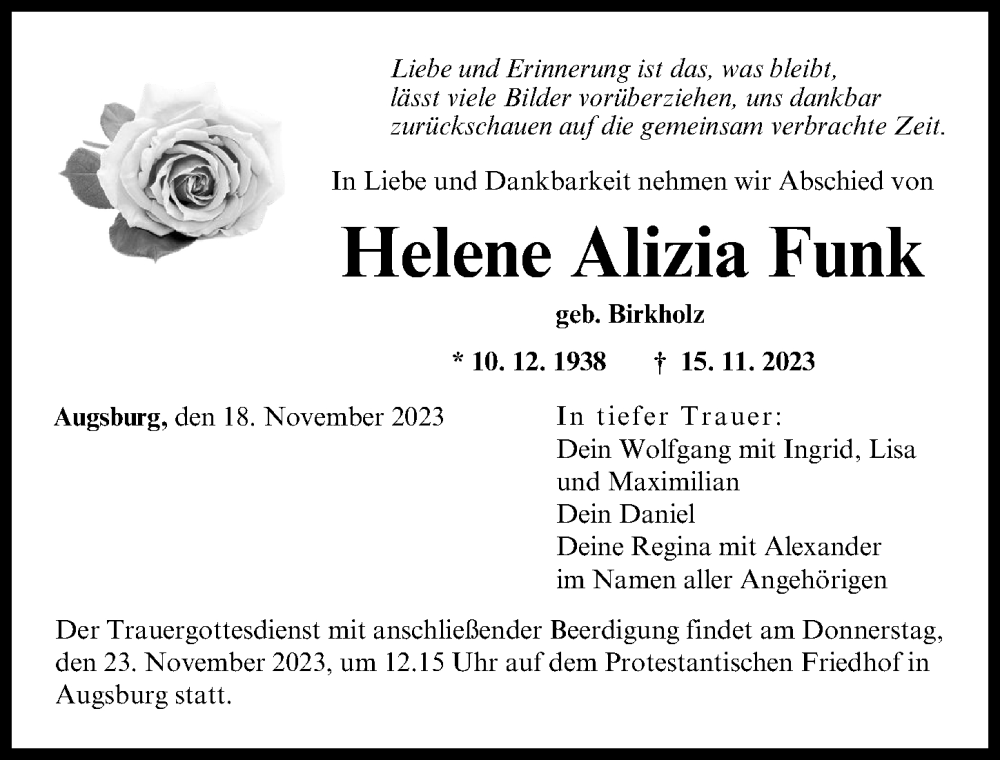 Traueranzeige von Helene Alizia Funk von Augsburger Allgemeine