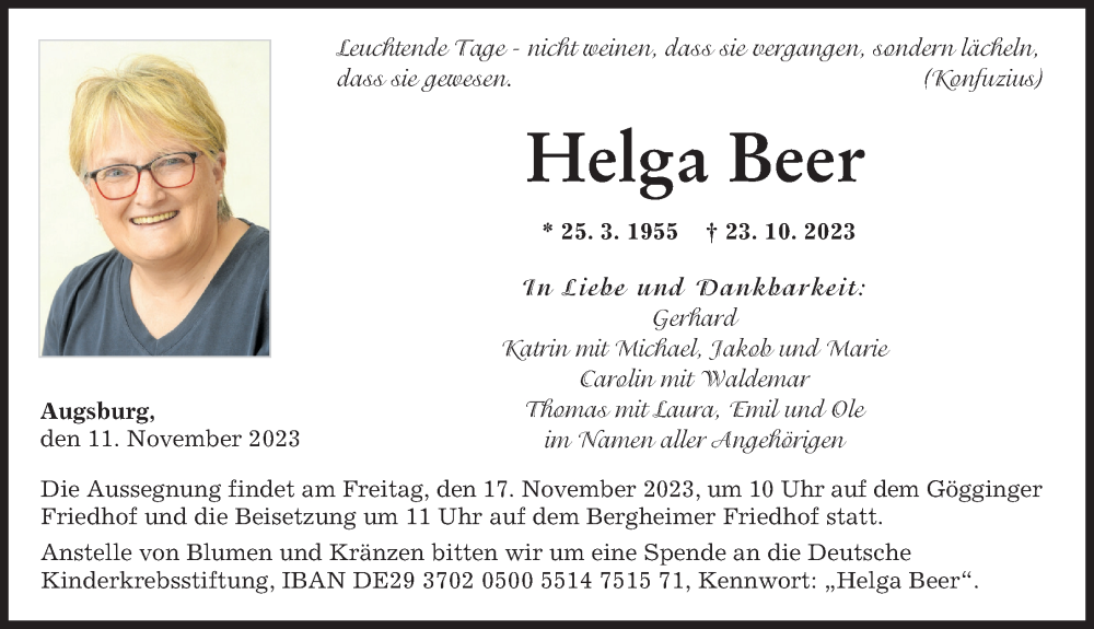 Traueranzeige von Helga Beer von Augsburger Allgemeine