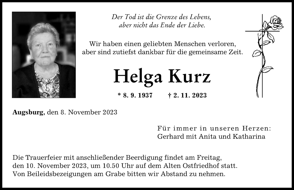 Traueranzeige von Helga Kurz von Augsburger Allgemeine