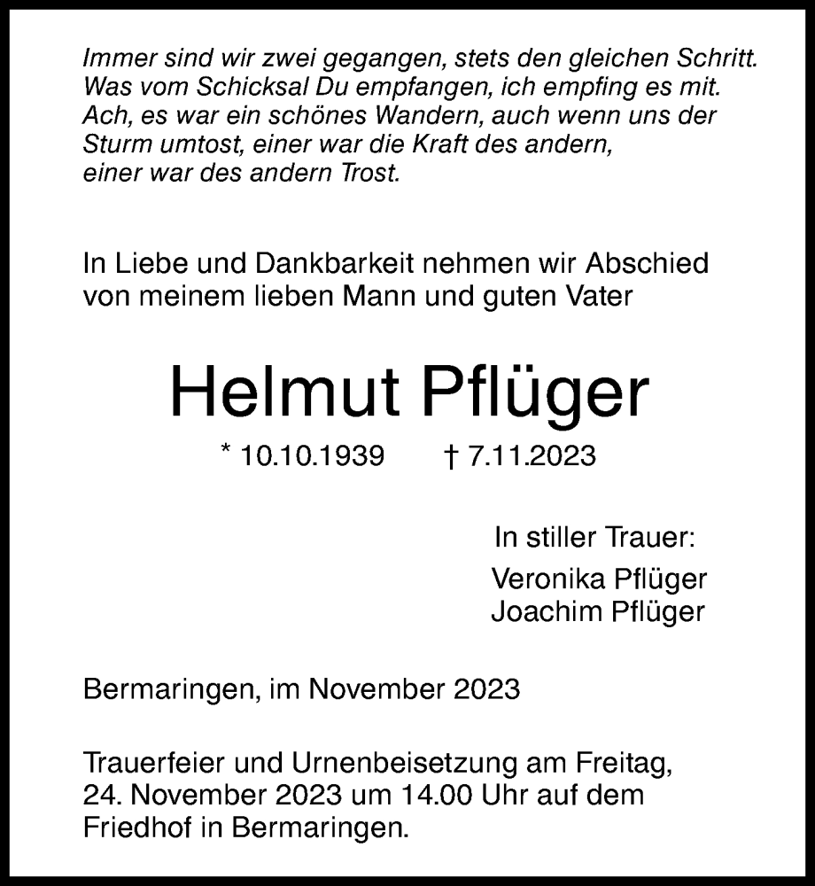 Traueranzeige von Helmut Pflüger von Augsburger Allgemeine, Neu-Ulmer Zeitung