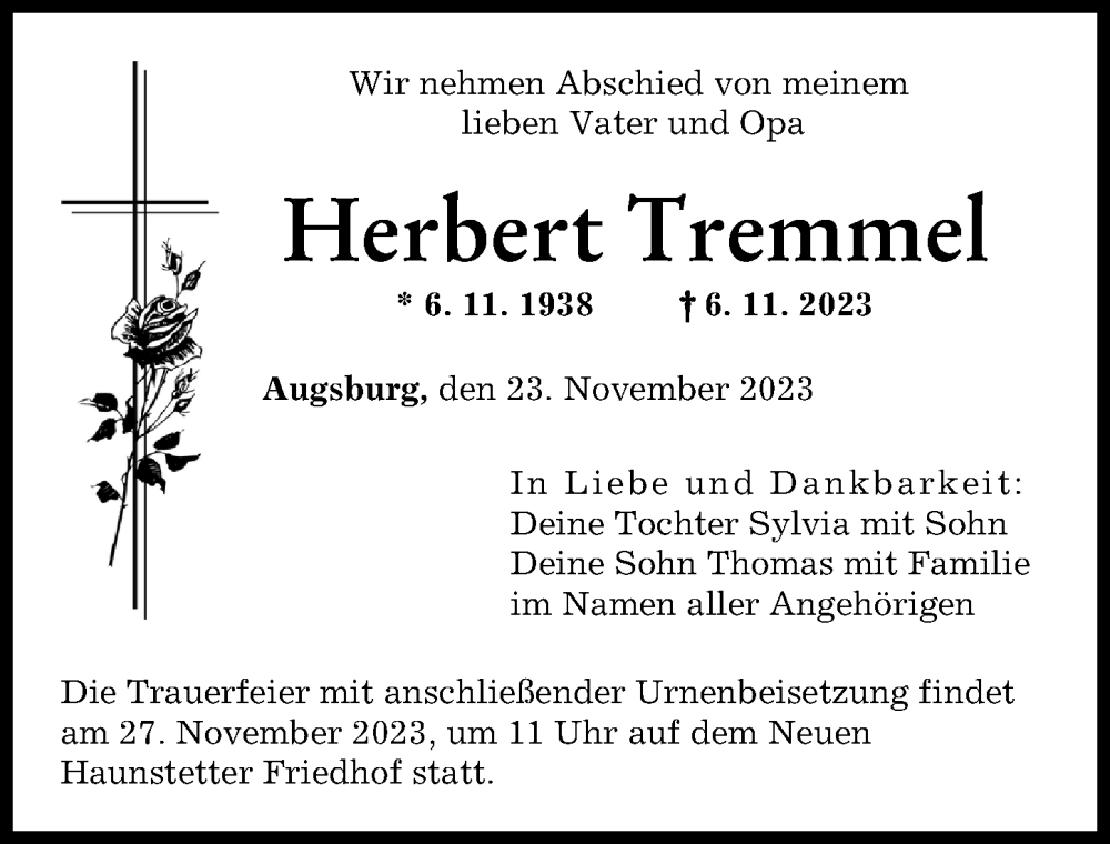 Traueranzeige von Herbert Tremmel von Augsburger Allgemeine