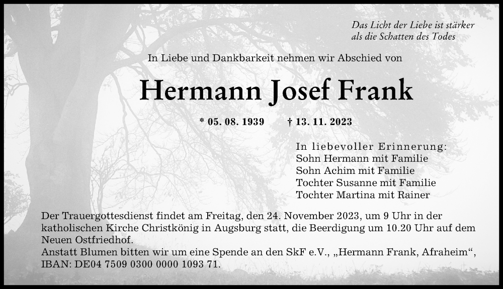 Traueranzeige von Hermann Josef Frank von Augsburger Allgemeine, Donauwörther Zeitung