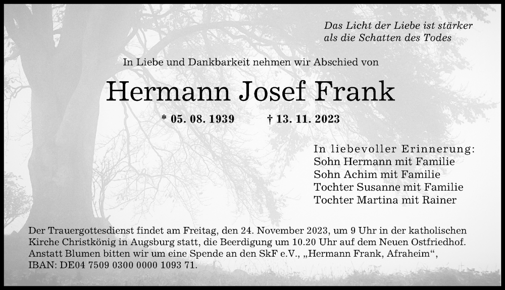 Traueranzeige von Hermann Josef Frank von Augsburger Allgemeine, Donauwörther Zeitung