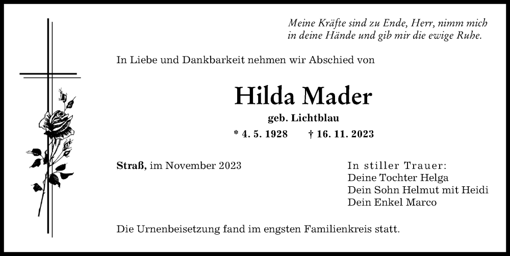  Traueranzeige für Hilda Mader vom 30.11.2023 aus Neu-Ulmer Zeitung