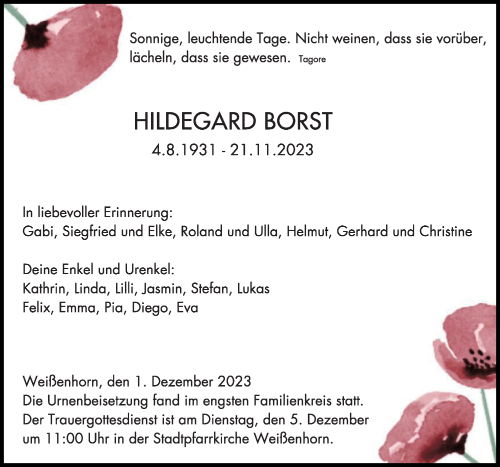  Traueranzeige für Hildegard Borst vom 01.12.2023 aus Neu-Ulmer Zeitung