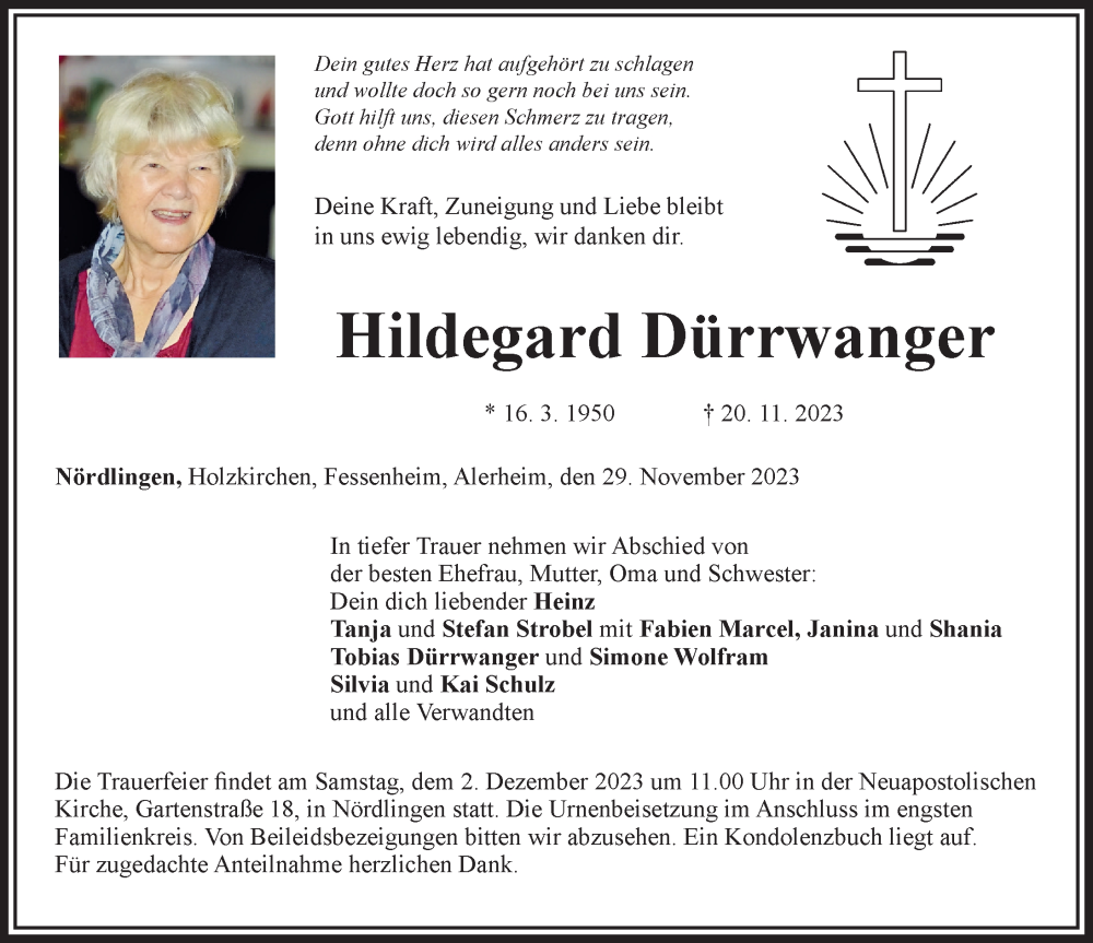  Traueranzeige für Hildegard Dürrwanger vom 29.11.2023 aus Rieser Nachrichten