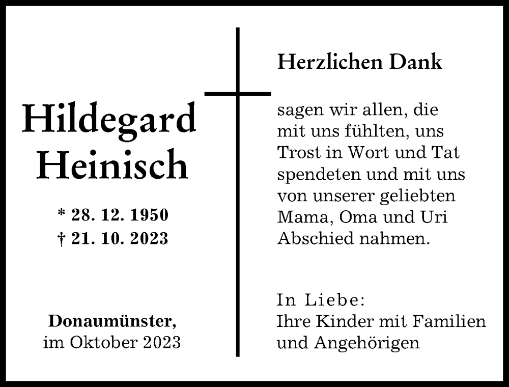 Traueranzeige von Hildegard Heinisch von Donauwörther Zeitung