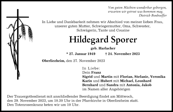 Traueranzeigen Von Hildegard Sporer Augsburger Allgemeine Zeitung